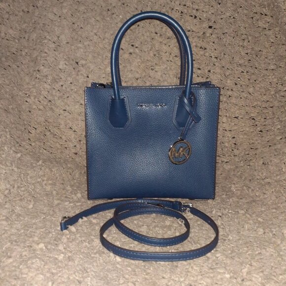 MICHAEL KOR-Mercer-Navy Pebble Leather Messenger Crossbody Bag/Tote-NWOT - Picture 1 of 9